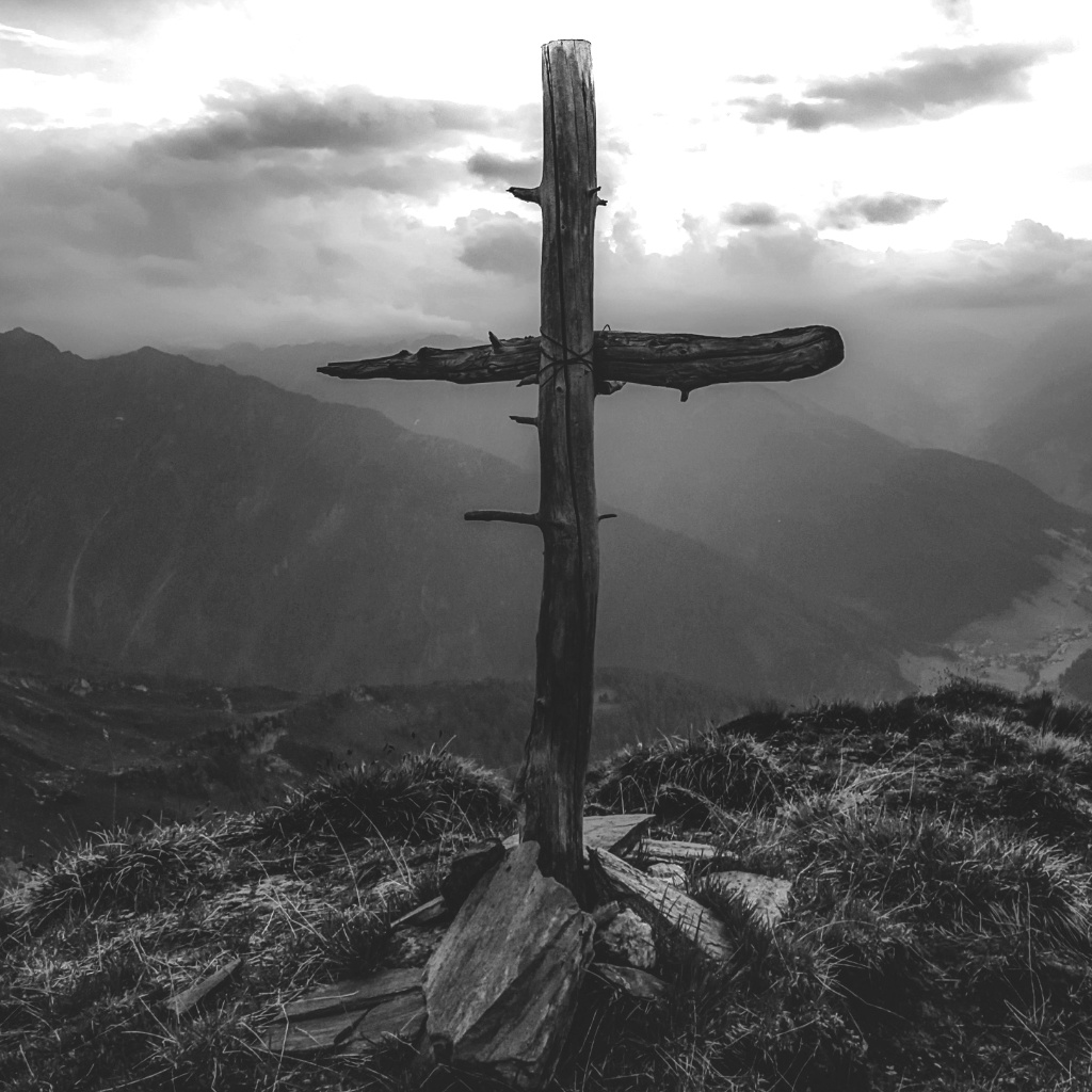 Das Titelbild "Die Bluthochzeit" zeigt ein Gipfelkreuz, geformt aus zwei knorrigen Baumstämmen