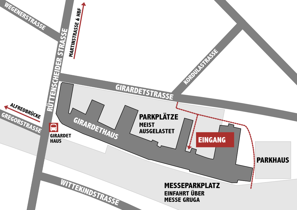 Lageplan des Eingangs zur Szene10 mit Zugang über Girardetstraße, Ecke Karolastraße über den Parkplatz